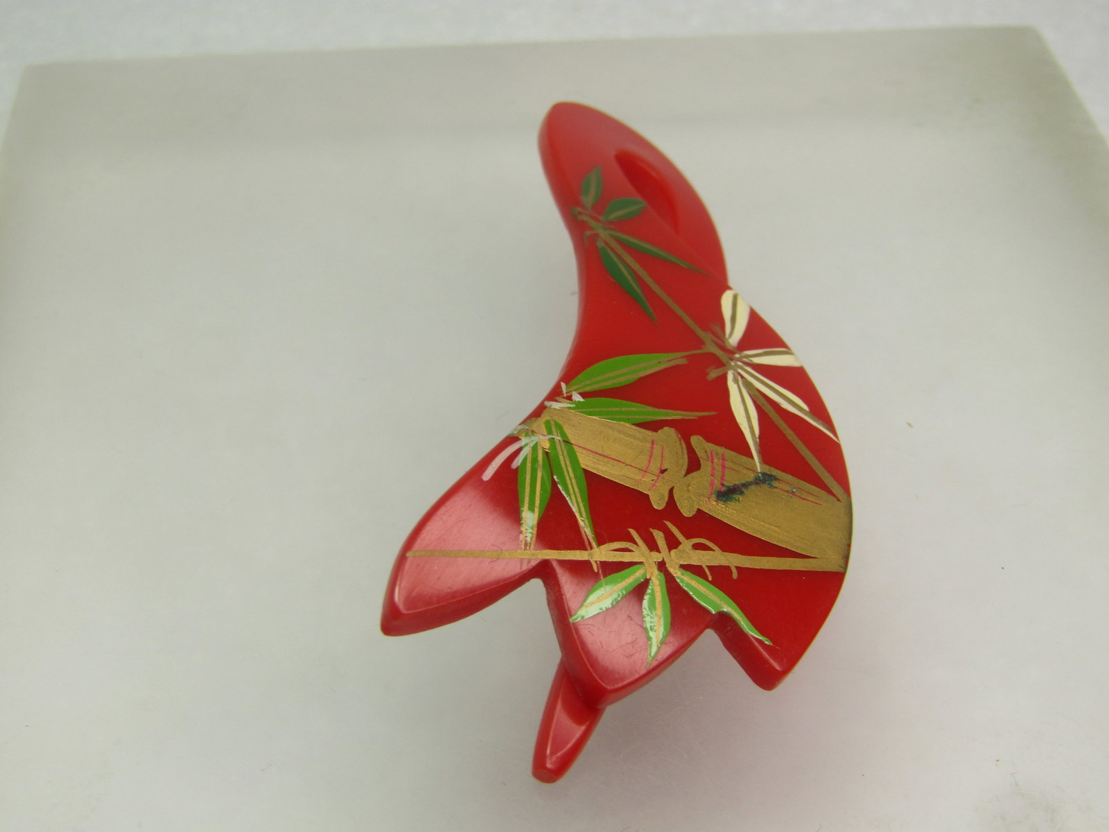 Vintage Asian Themed Slide Barrette, Enameled Bamboo, Red 1960's-1970's - 3