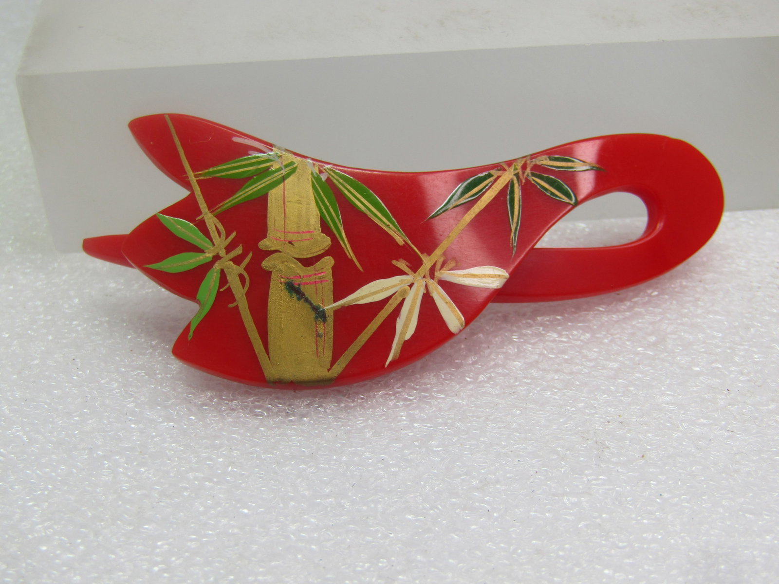 Vintage Asian Themed Slide Barrette, Enameled Bamboo, Red 1960's-1970's - 5