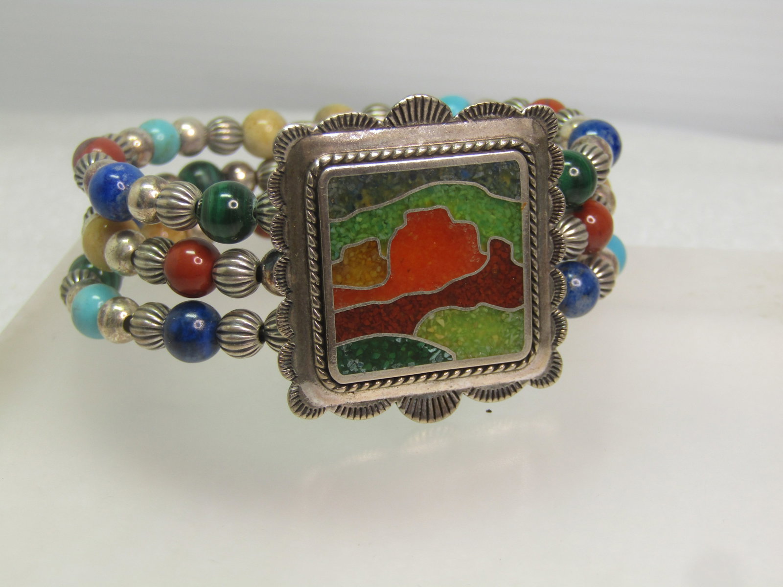 Carolyn Pollack Sterling Inlaid and Beaded Bracelet, Triple Strand Wrap, 1990's, 6.5" adjustable - 5