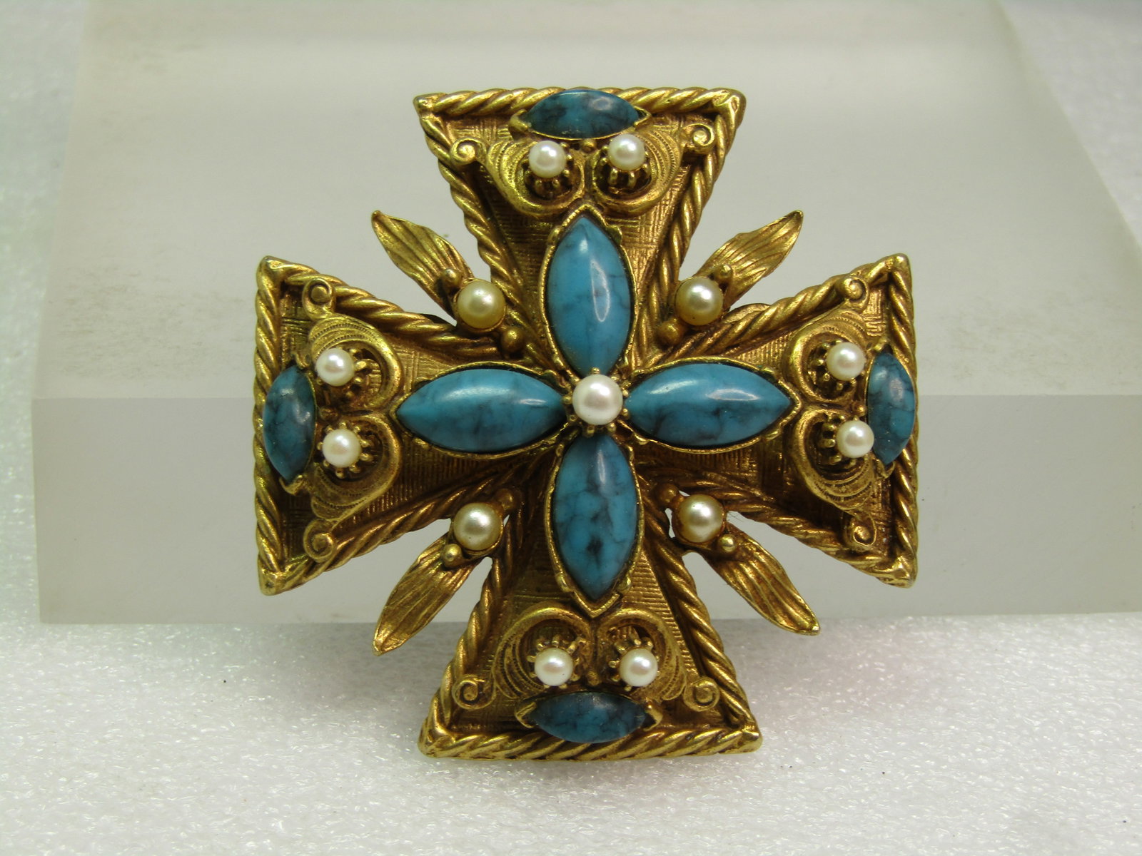 Vintage Florenza Maltese Cross Brooch, Faux Turquoise/Pearl, 1950's-1960's - 2