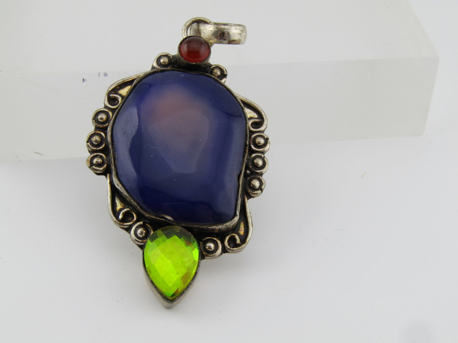 Silver Plated Glass and Stone Pendant - Chunky/Southwestern Vibe, 1980's-1990's - 2