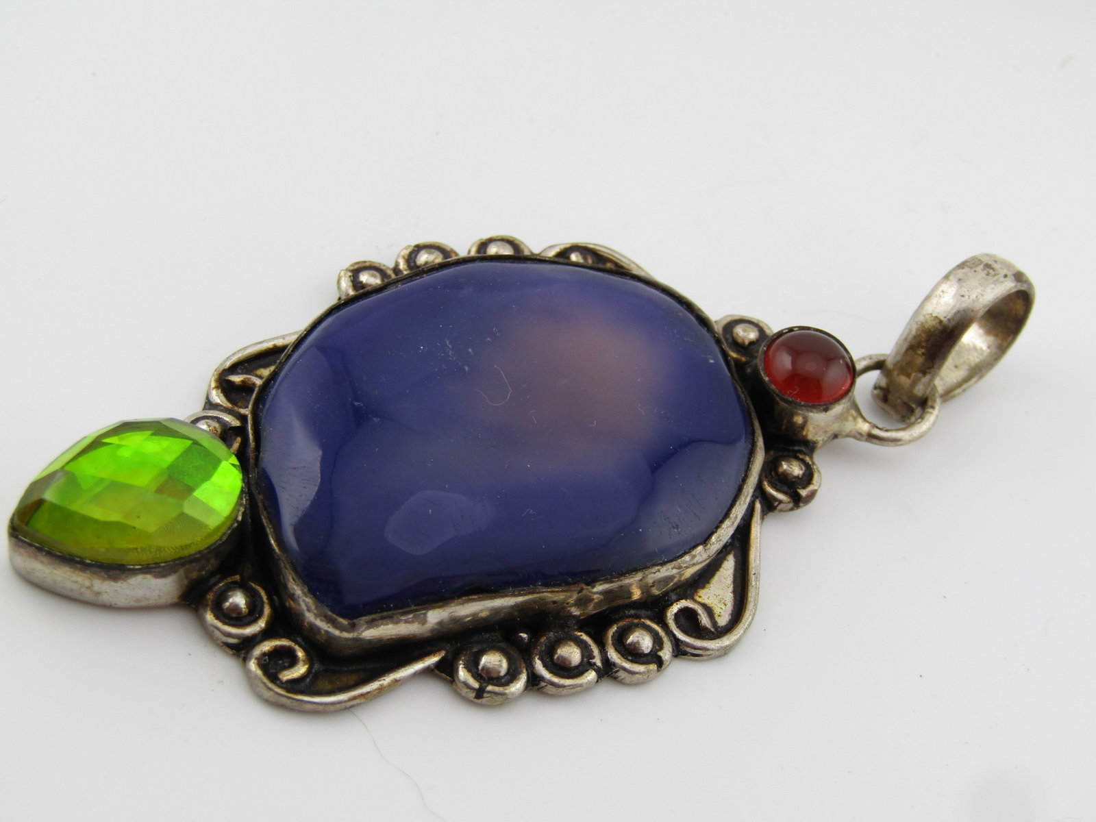Silver Plated Glass and Stone Pendant - Chunky/Southwestern Vibe, 1980's-1990's - 4