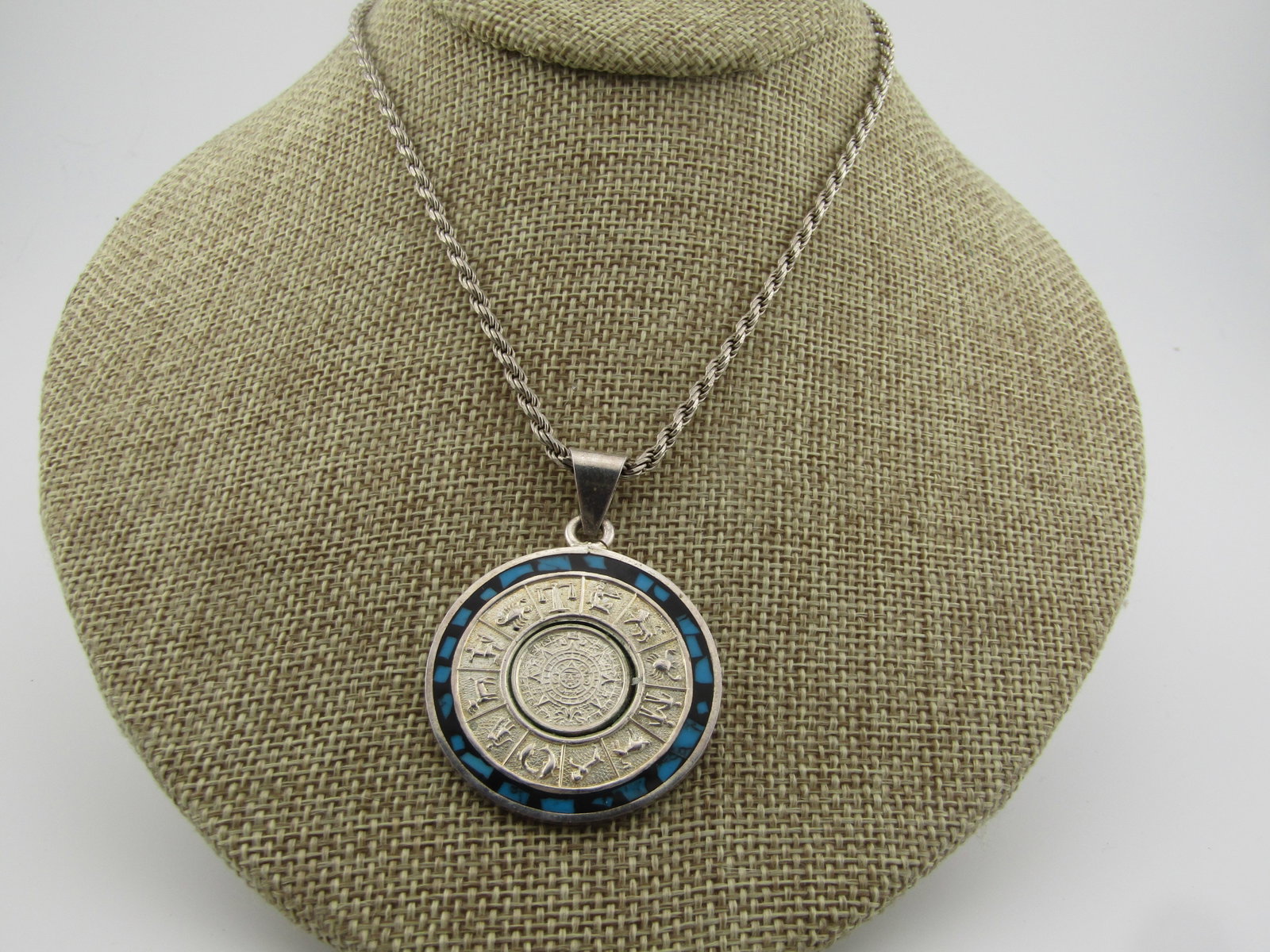 Vintage Sterling Rope Chain with Zodiac /Aztec Sun Pendant, 20", 1980's-1990's - 2