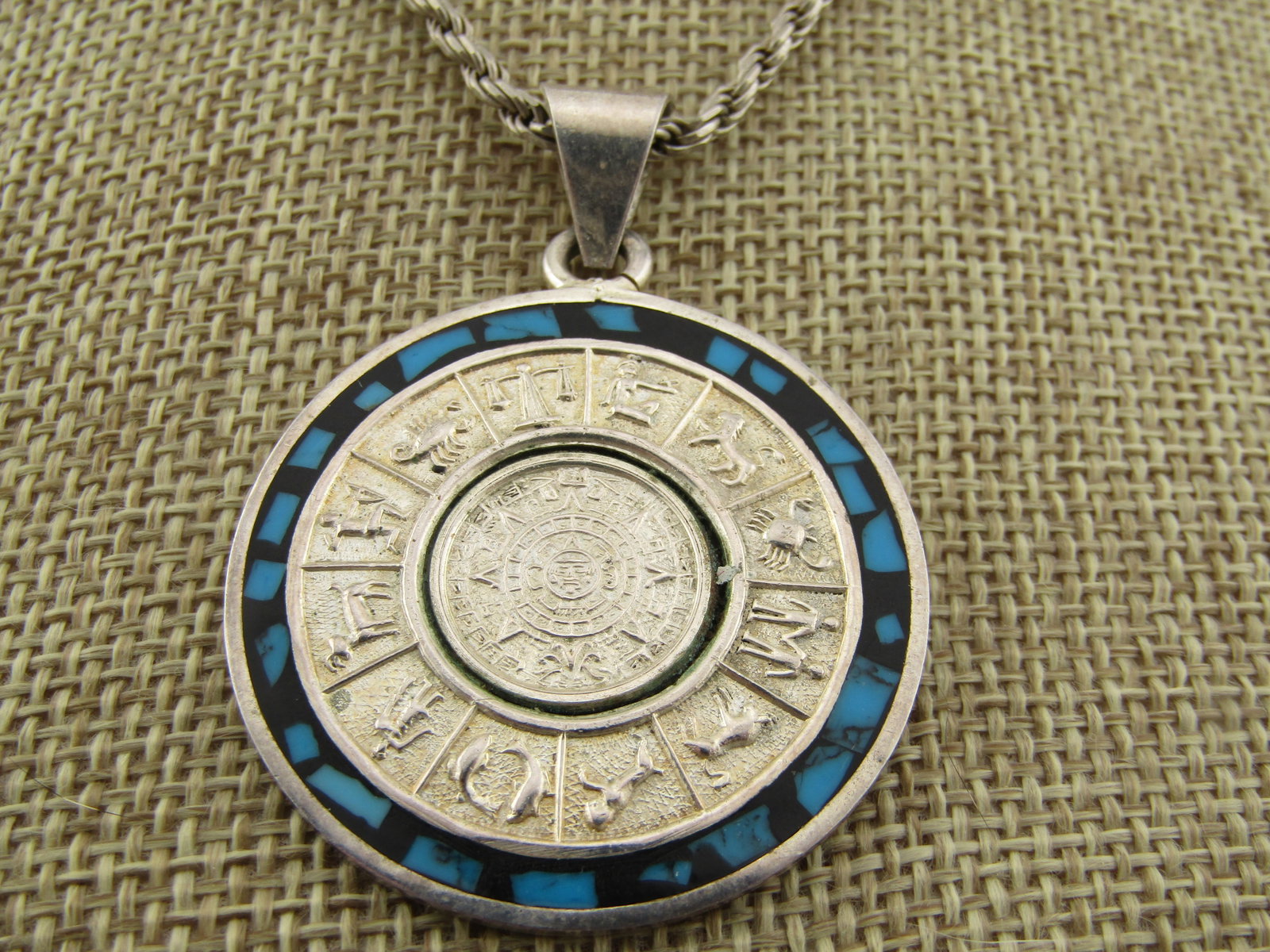 Vintage Sterling Rope Chain with Zodiac /Aztec Sun Pendant, 20", 1980's-1990's - 3