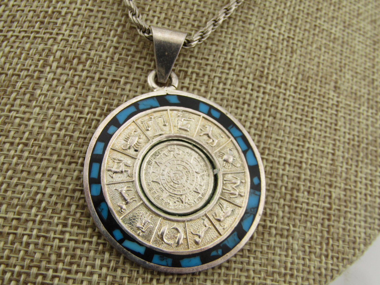 Vintage Sterling Rope Chain with Zodiac /Aztec Sun Pendant, 20", 1980's-1990's - 4