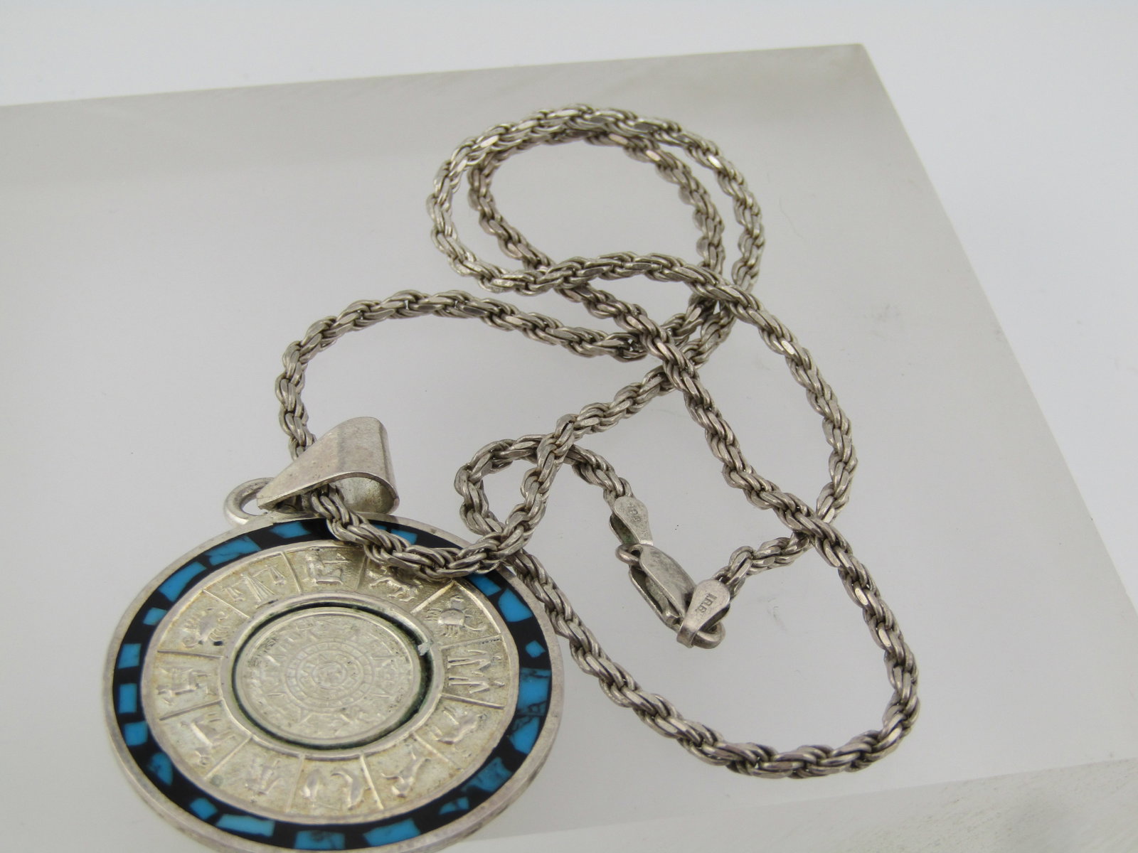 Vintage Sterling Rope Chain with Zodiac /Aztec Sun Pendant, 20", 1980's-1990's - 6