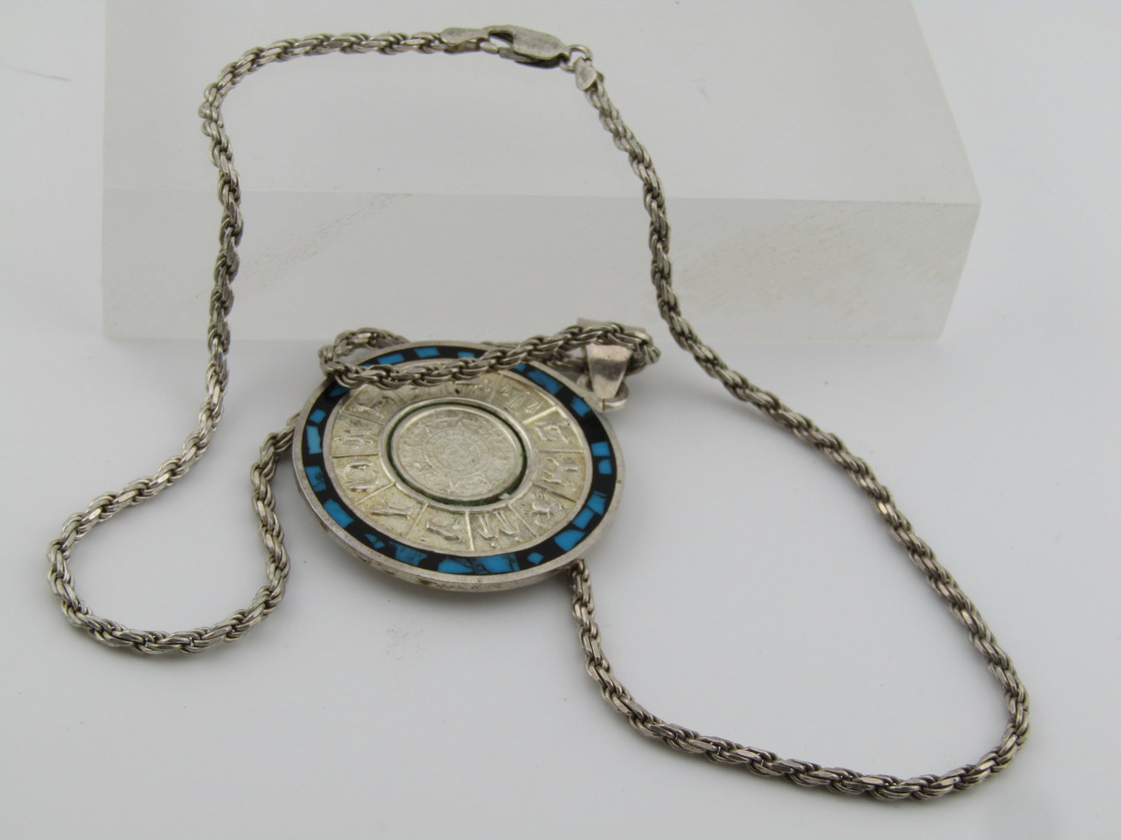 Vintage Sterling Rope Chain with Zodiac /Aztec Sun Pendant, 20", 1980's-1990's - 8