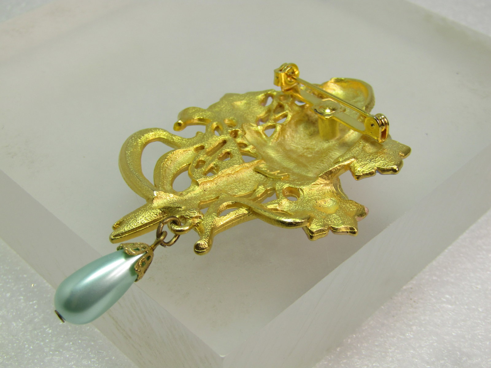 Vintage Parrot Pastel Floral Brooch, Faux Pearl Drop, Signed JJ, 1980's - 6