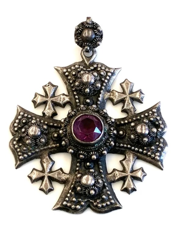 Vintage Sterling Silver Ornate Jerusalem Cross Pendant - 2