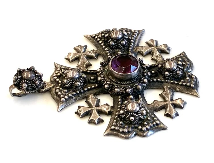 Vintage Sterling Silver Ornate Jerusalem Cross Pendant - 3