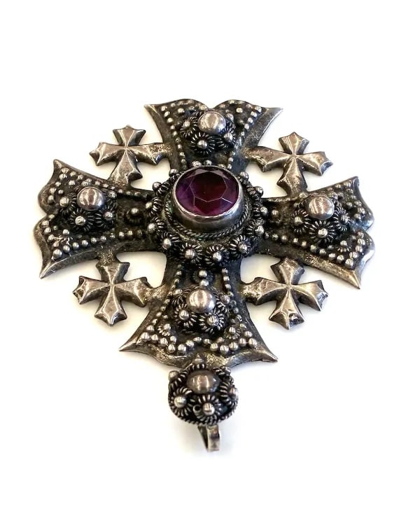 Vintage Sterling Silver Ornate Jerusalem Cross Pendant - 4