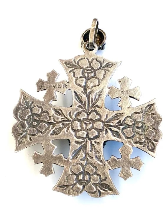 Vintage Sterling Silver Ornate Jerusalem Cross Pendant - 5