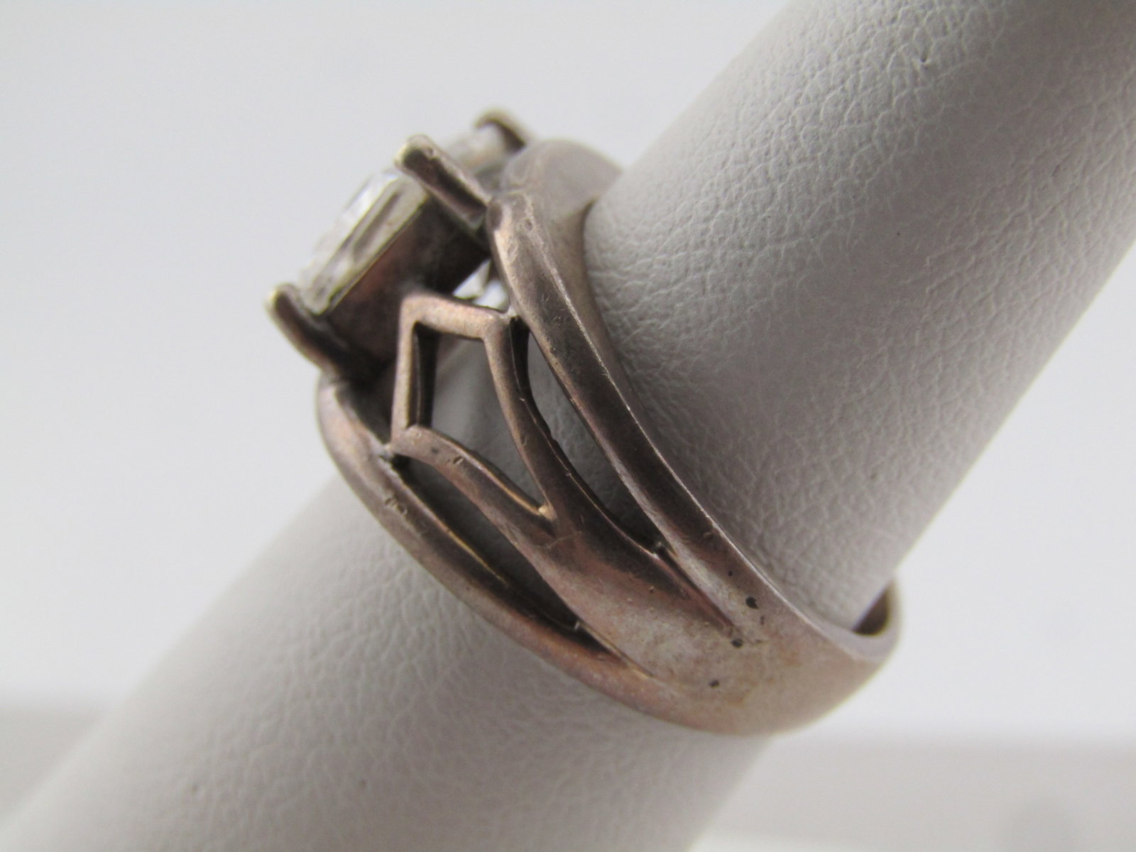 Vintage Sterling Rectangular Clear Stone Ring, Sz. 6, Wide, 1970's-1980's - 2