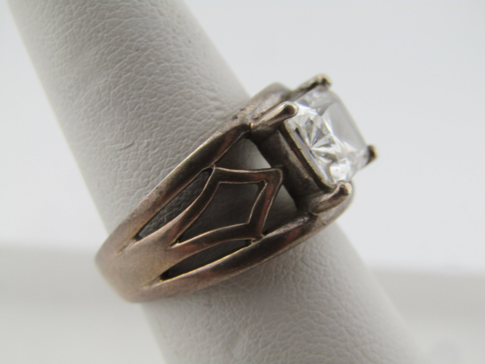 Vintage Sterling Rectangular Clear Stone Ring, Sz. 6, Wide, 1970's-1980's - 3
