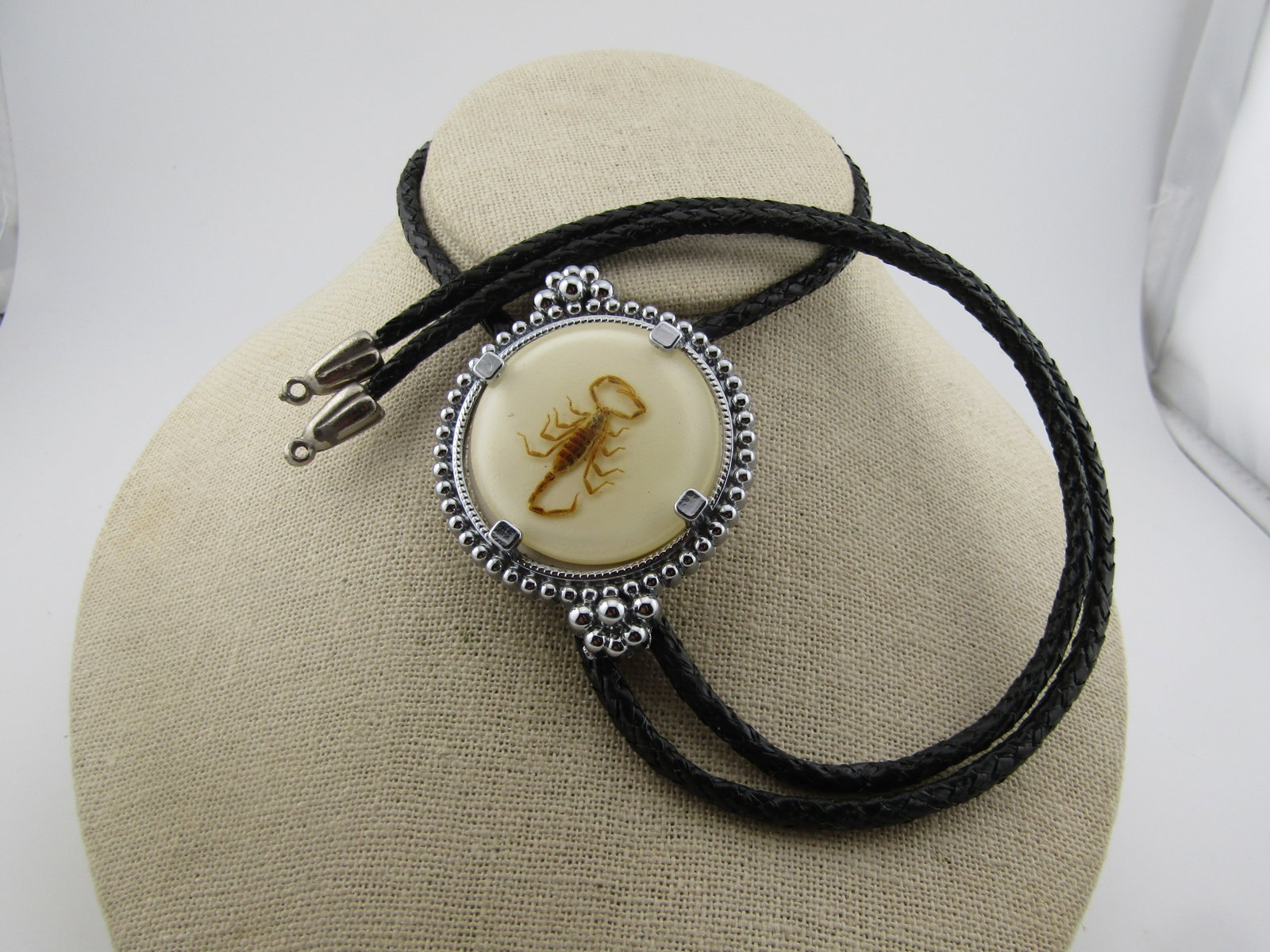 Vintage Scorpion Bolo Tie, 34", Black Leather Tie, Southwestern Vibe (1 of 7)