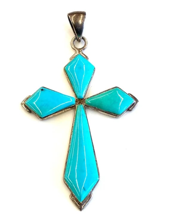 Estate Turquoise Sterling Silver Cross Pendant - 2