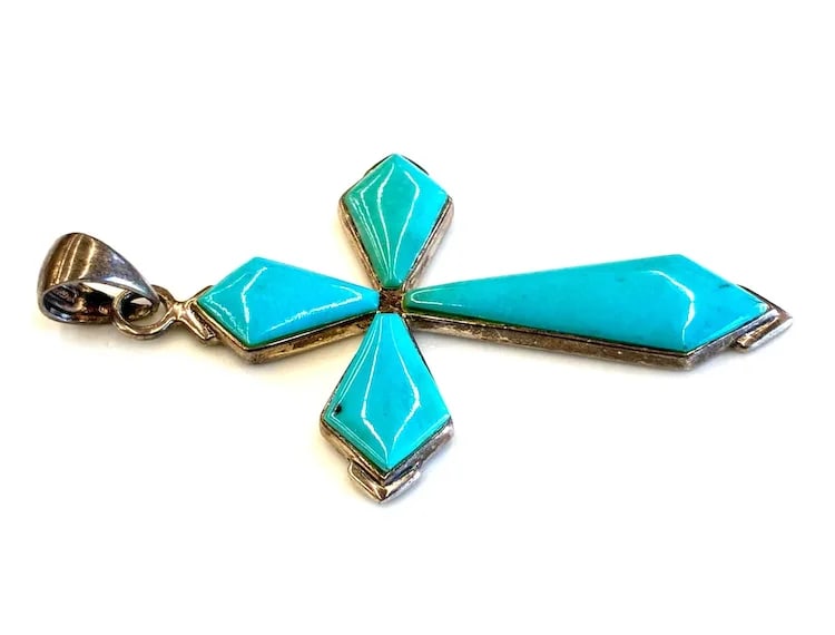 Estate Turquoise Sterling Silver Cross Pendant - 3