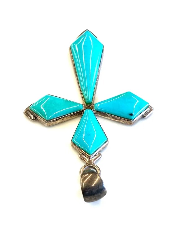 Estate Turquoise Sterling Silver Cross Pendant - 4