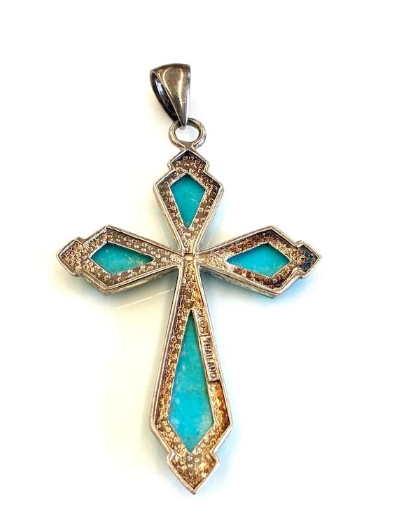 Estate Turquoise Sterling Silver Cross Pendant - 5