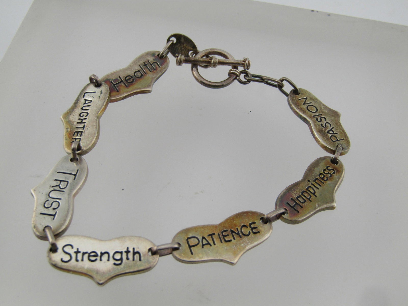 Vintage Sterling Motivational Heart Link Bracelet, 8", 1990's, Signed CPT Peru: Vintage Sterling Motivational/Inspiritational Heart Link Bracelet, 8", 1990's, Signed CPT Peru . This is marked .925 and tests as sterling with an appx. weight of 17.94 grams. Two sided with