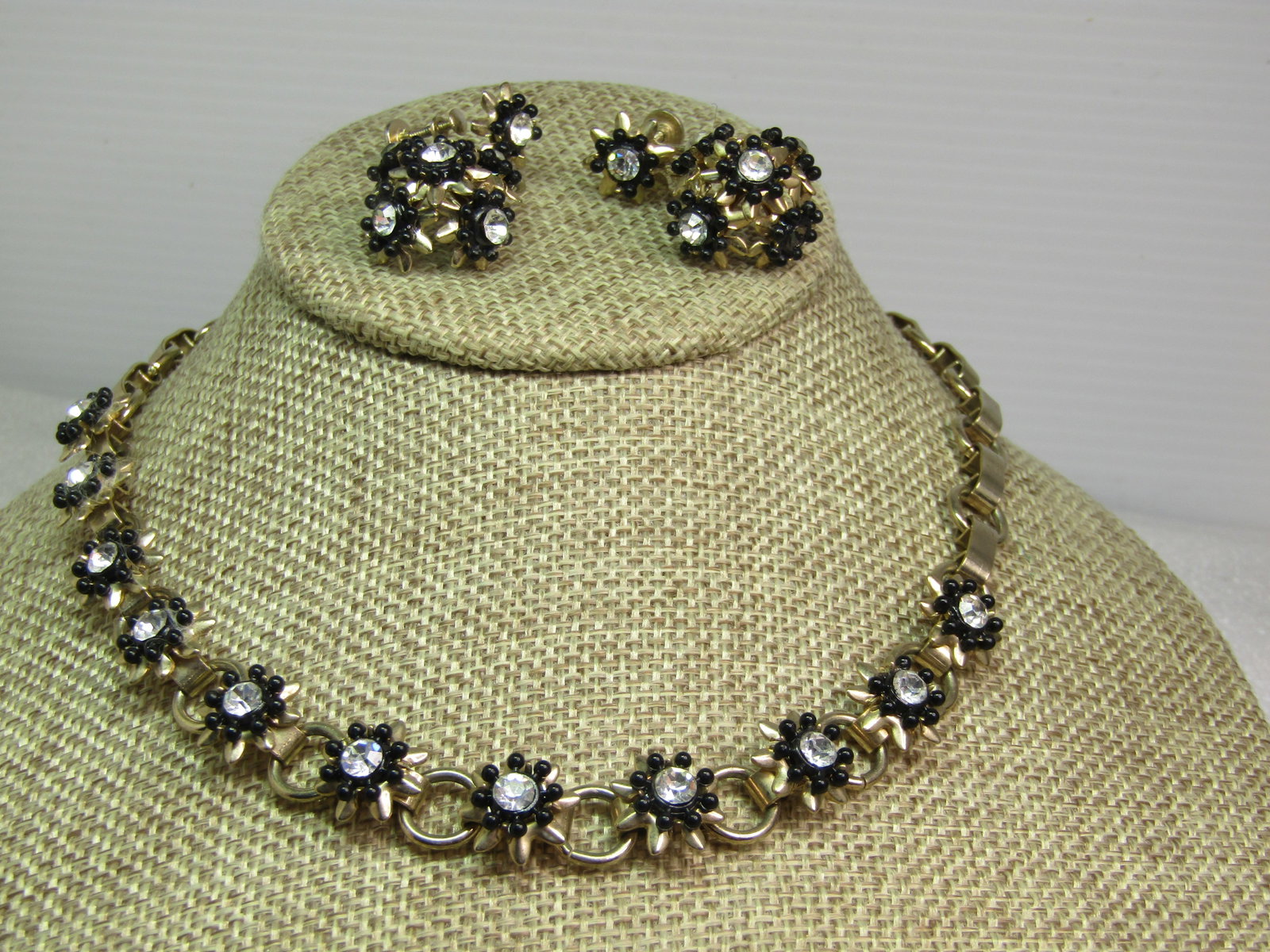 Vintage Black Floral Rhinestone Necklace and Earrings, Screwback, 1940's-1950's (1 of 4)