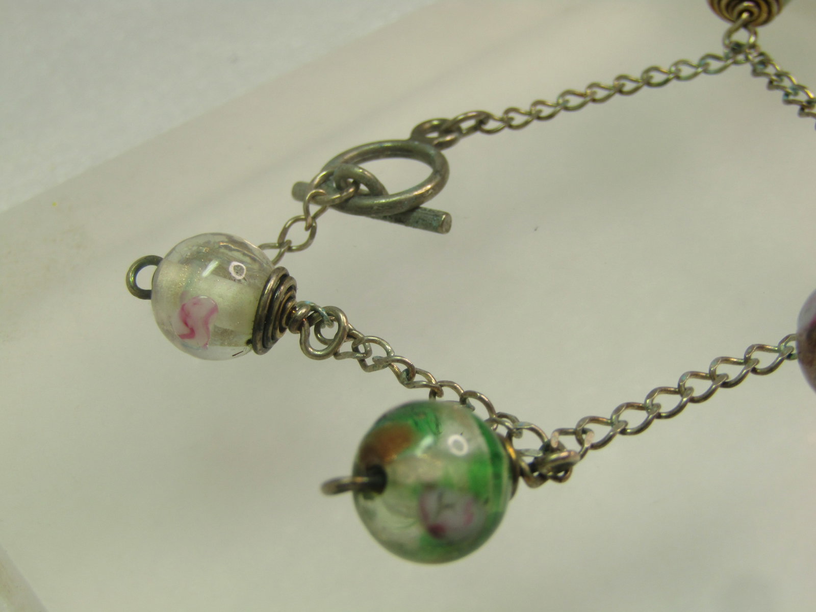 Vintage Art Glass Beaded Bracelet, Sterling Chain, 7.25", 1970's-1980's - 2