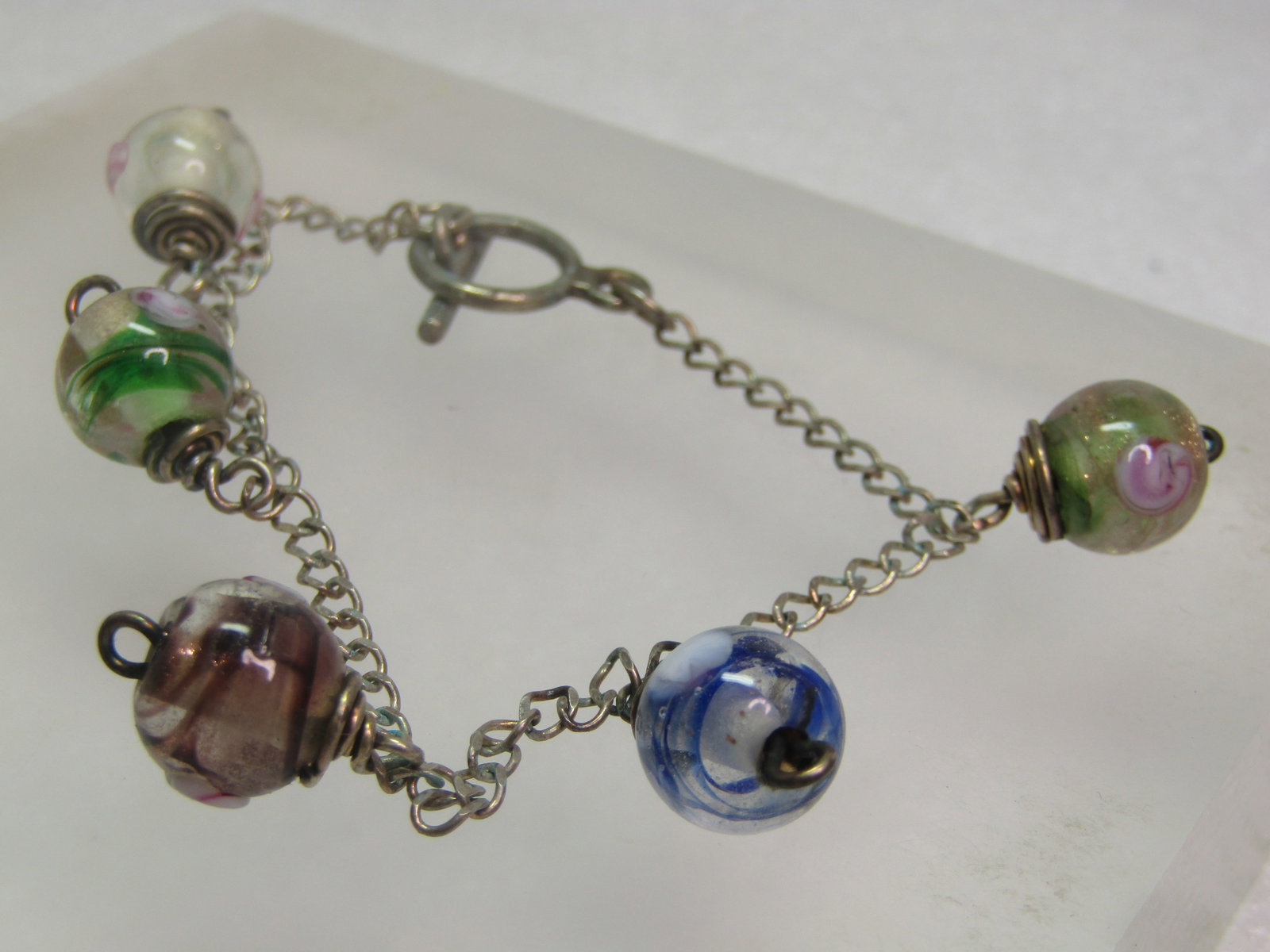 Vintage Art Glass Beaded Bracelet, Sterling Chain, 7.25", 1970's-1980's - 3