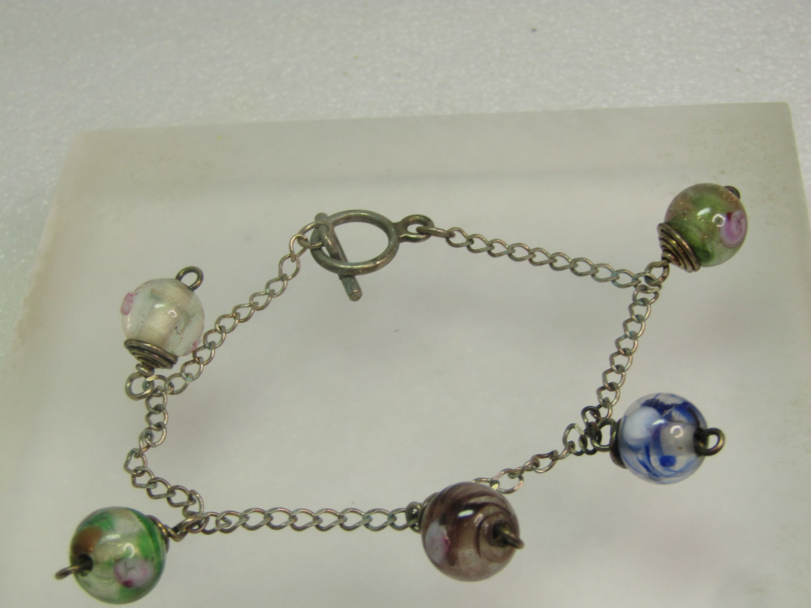 Vintage Art Glass Beaded Bracelet, Sterling Chain, 7.25", 1970's-1980's - 4