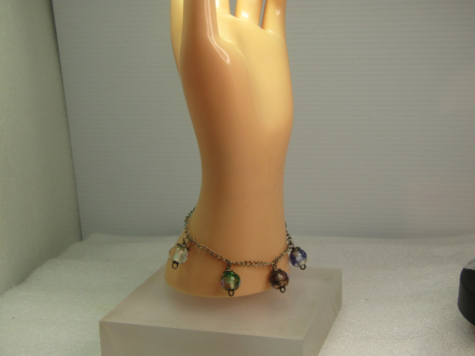 Vintage Art Glass Beaded Bracelet, Sterling Chain, 7.25", 1970's-1980's - 5