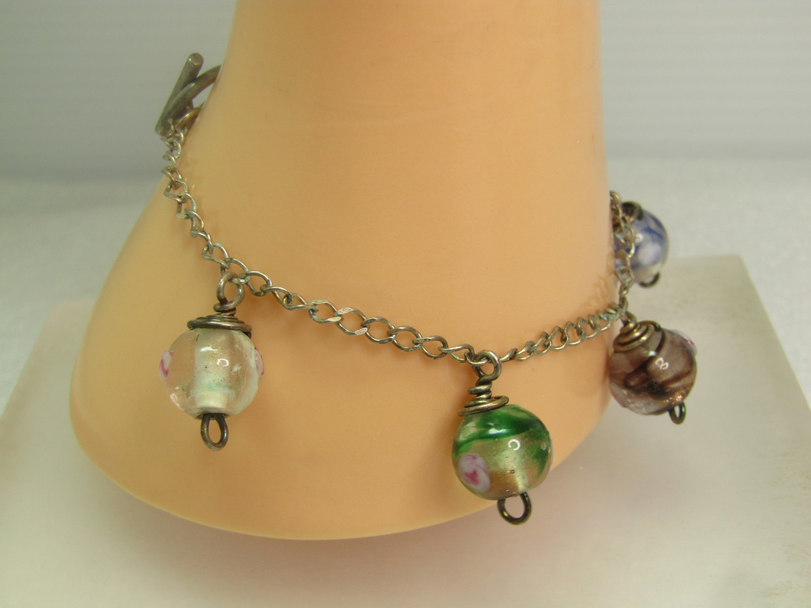 Vintage Art Glass Beaded Bracelet, Sterling Chain, 7.25", 1970's-1980's - 6