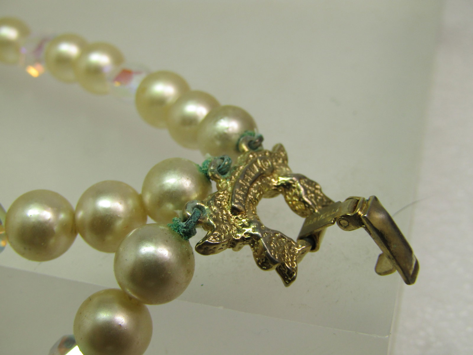 Vintage Triple Strand Faux Pearl Bracelet, AB Glass Beads, Signed Marvella. 1960's - 3