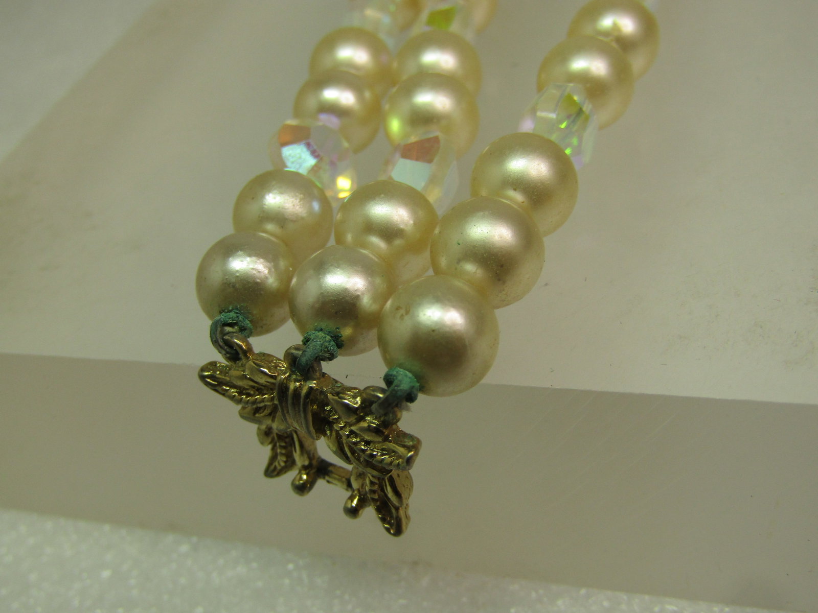 Vintage Triple Strand Faux Pearl Bracelet, AB Glass Beads, Signed Marvella. 1960's - 4