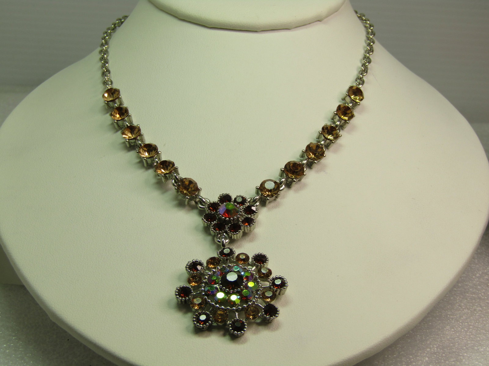Vintage Brown/Honey Rhinestone Lavalier Necklace, Some AB, 16"-18.5", 1990's (1 of 6)