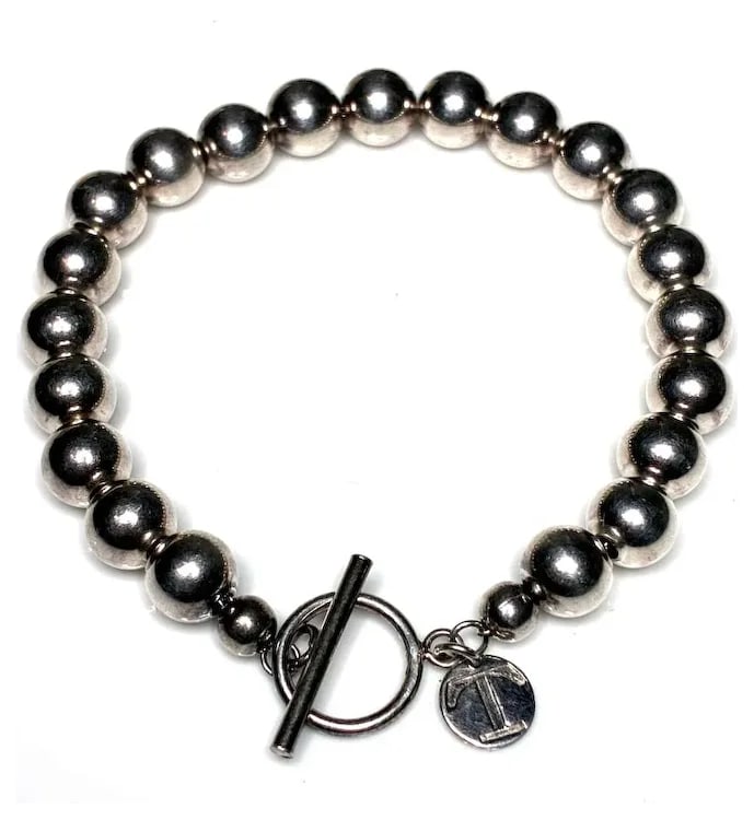 Estate Sterling Silver Ball Bead Bracelet With Toggle Closure Signed T - 2