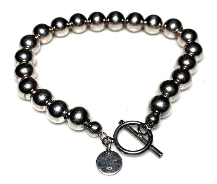 Estate Sterling Silver Ball Bead Bracelet With Toggle Closure Signed T - 3