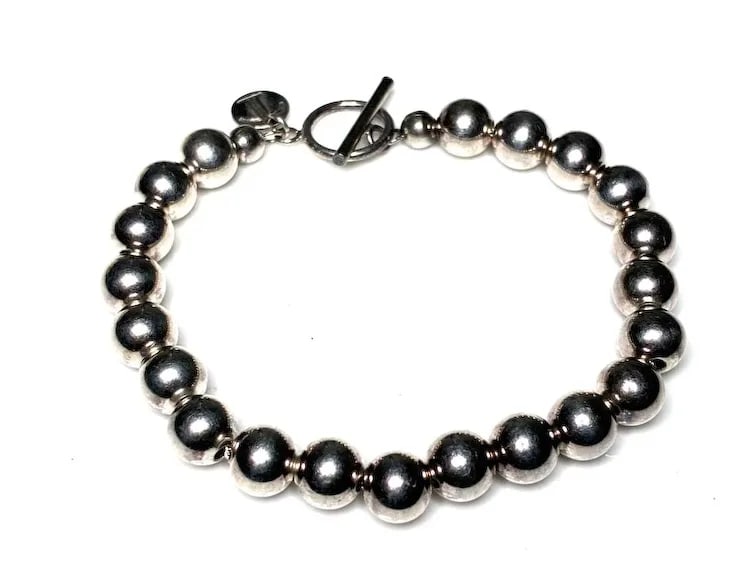 Estate Sterling Silver Ball Bead Bracelet With Toggle Closure Signed T - 4