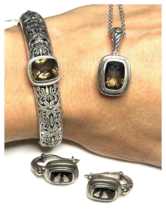 Estate Phillip Gavriel PG Sterling Silver and 18k Gold Smoky Quartz Filigree Cuff Bracelet, - 12