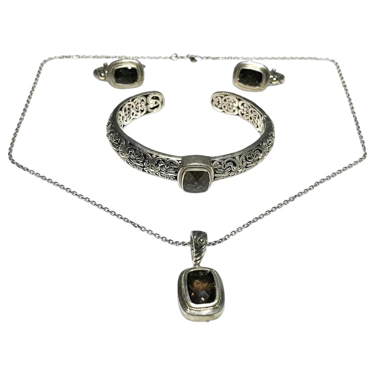 Estate Phillip Gavriel PG Sterling Silver and 18k Gold Smoky Quartz Filigree Cuff Bracelet, (1 of 12)