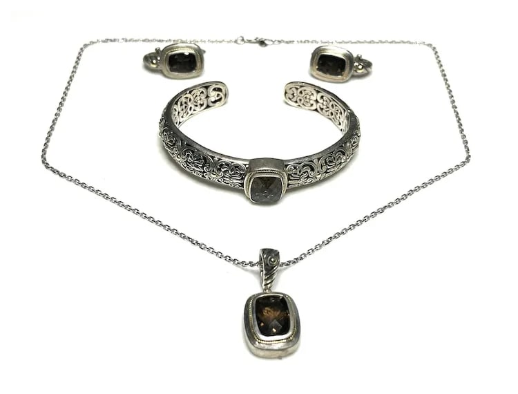 Estate Phillip Gavriel PG Sterling Silver and 18k Gold Smoky Quartz Filigree Cuff Bracelet, - 2