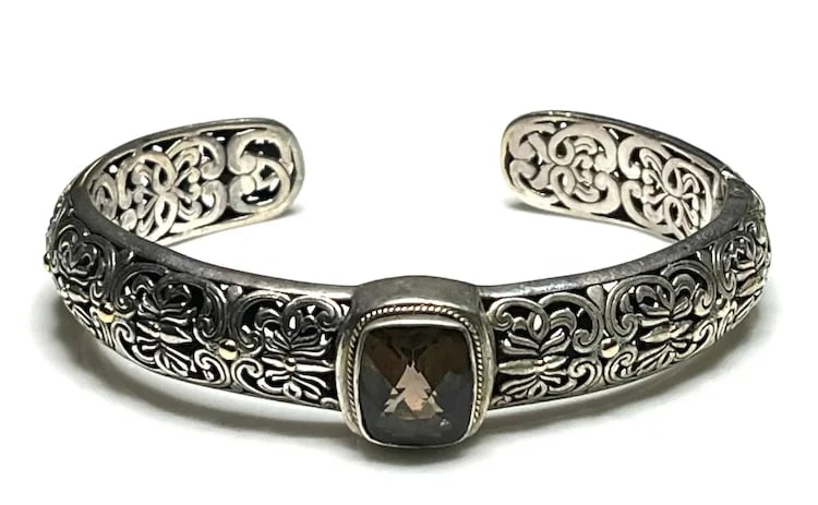 Estate Phillip Gavriel PG Sterling Silver and 18k Gold Smoky Quartz Filigree Cuff Bracelet, - 3