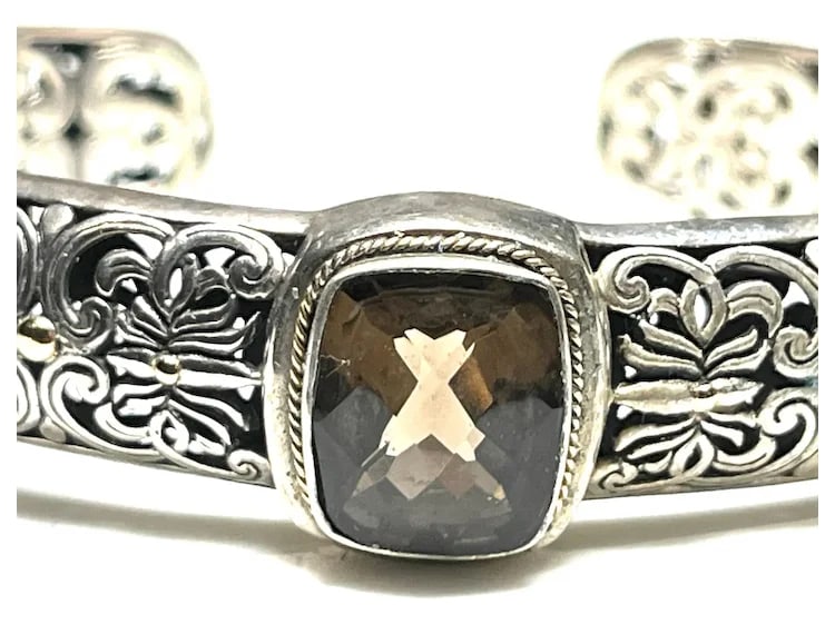 Estate Phillip Gavriel PG Sterling Silver and 18k Gold Smoky Quartz Filigree Cuff Bracelet, - 7