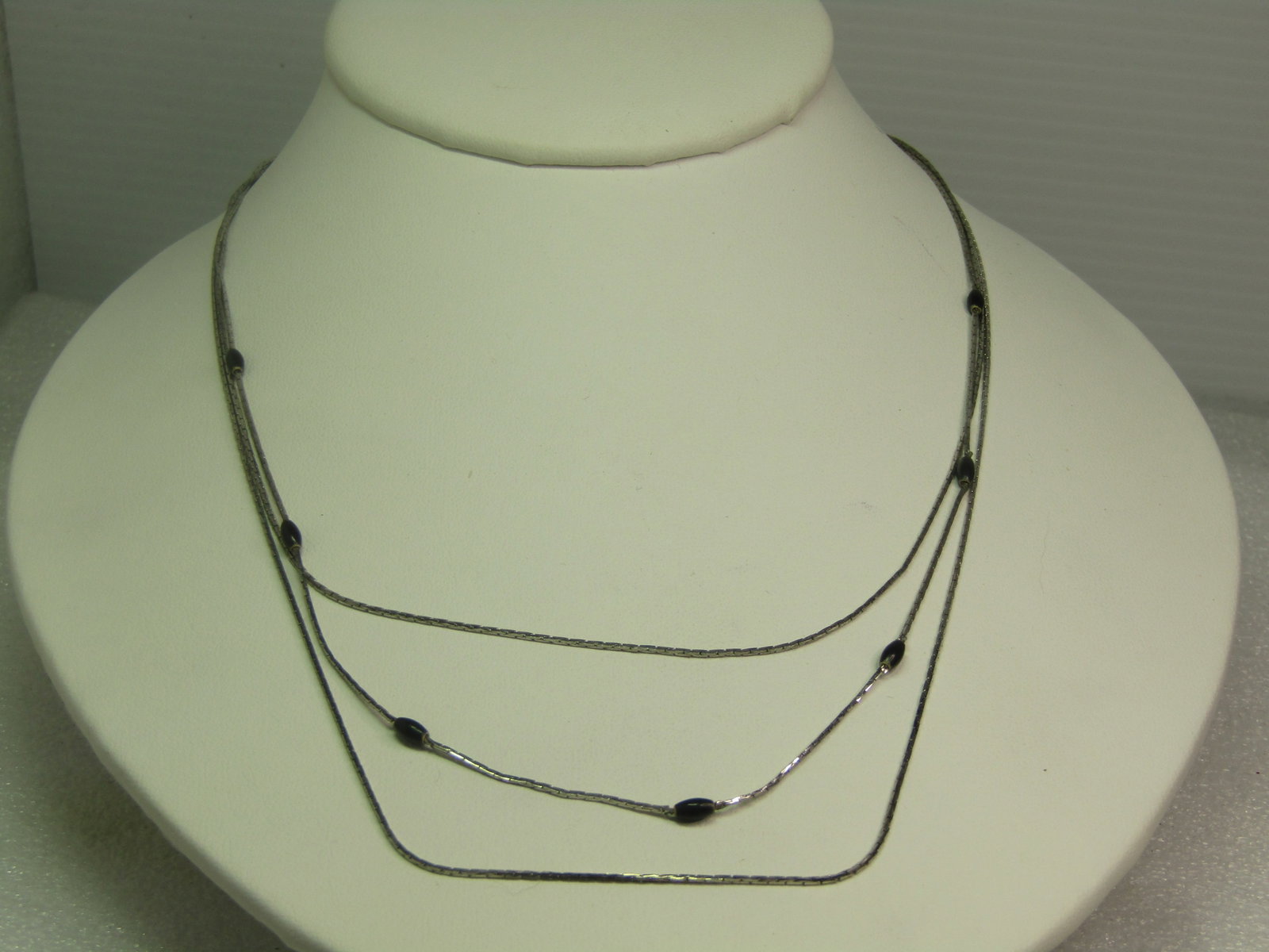 Vintage Three-Strand Herinbone Necklace, Black Bead Accents, 1960's-1970's (1 of 5)