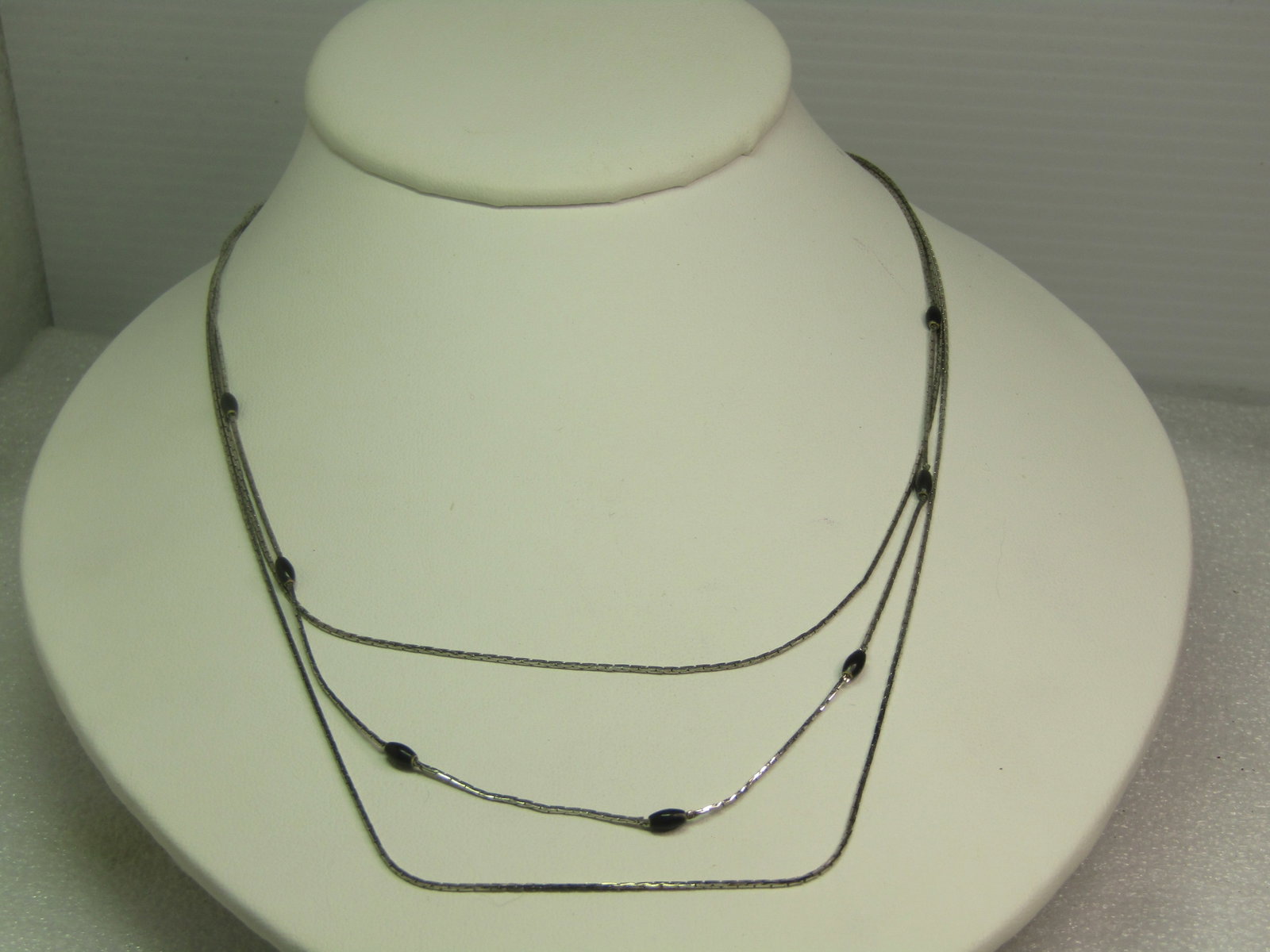 Vintage Three-Strand Herinbone Necklace, Black Bead Accents, 1960's-1970's - 2