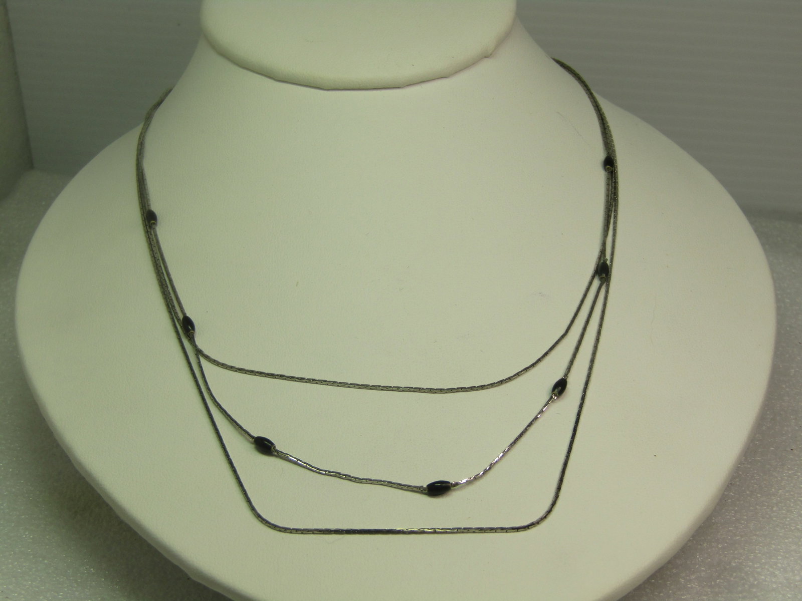 Vintage Three-Strand Herinbone Necklace, Black Bead Accents, 1960's-1970's - 3