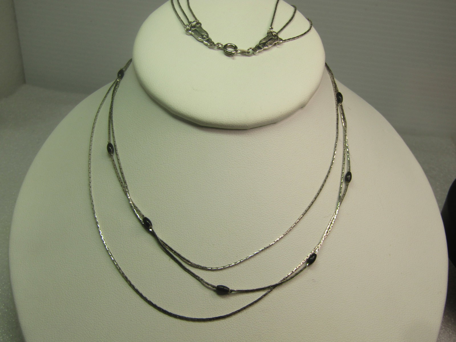 Vintage Three-Strand Herinbone Necklace, Black Bead Accents, 1960's-1970's - 4