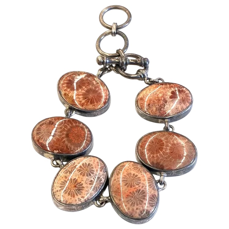 Vintage Sterling Silver Fossilized Coral Toggle Bracelet (1 of 4)