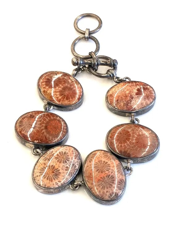 Vintage Sterling Silver Fossilized Coral Toggle Bracelet - 2