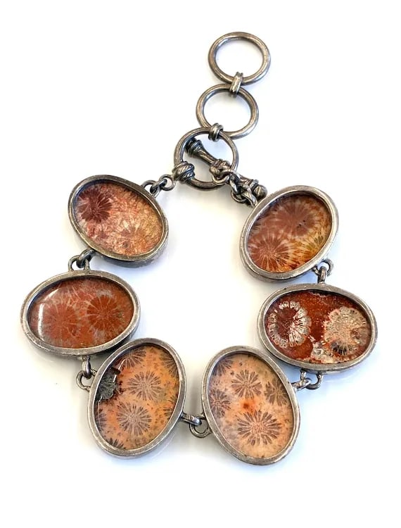Vintage Sterling Silver Fossilized Coral Toggle Bracelet - 3