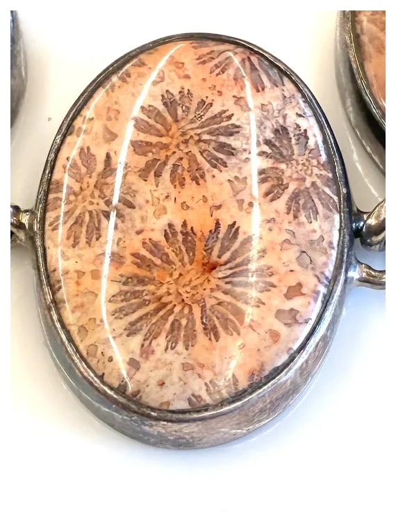 Vintage Sterling Silver Fossilized Coral Toggle Bracelet - 4