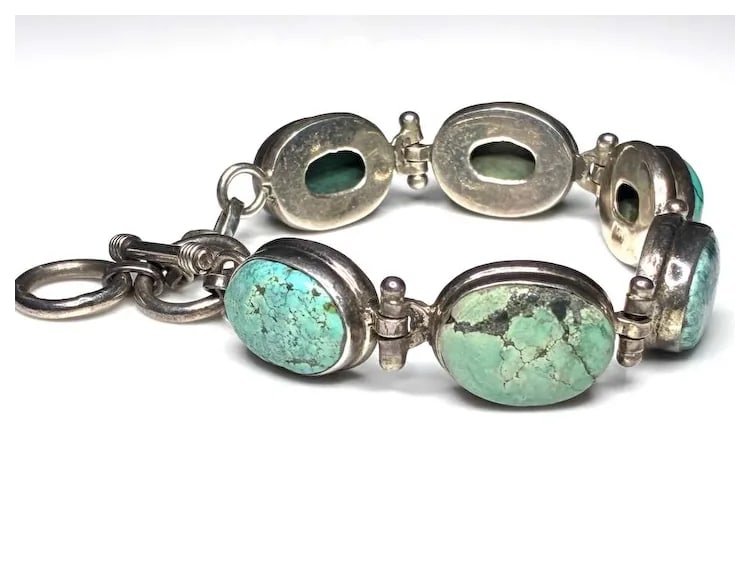 Vintage Sterling Silver and Turquoise Toggle Bracelet - 4